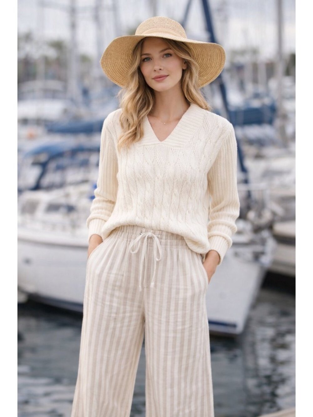 Vintage Liz Claiborne Cotton Fisherman Sweater Ivory Ribbed Size Large Women's